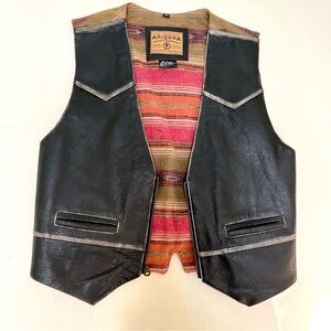 Vintage Black Leather W/ Southwestern Fabric Vest Size L